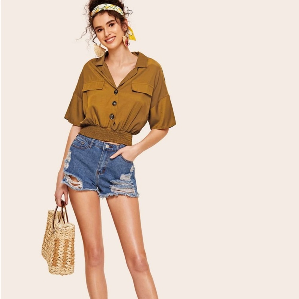 Zara Collar Button Shirred Top Xsmall